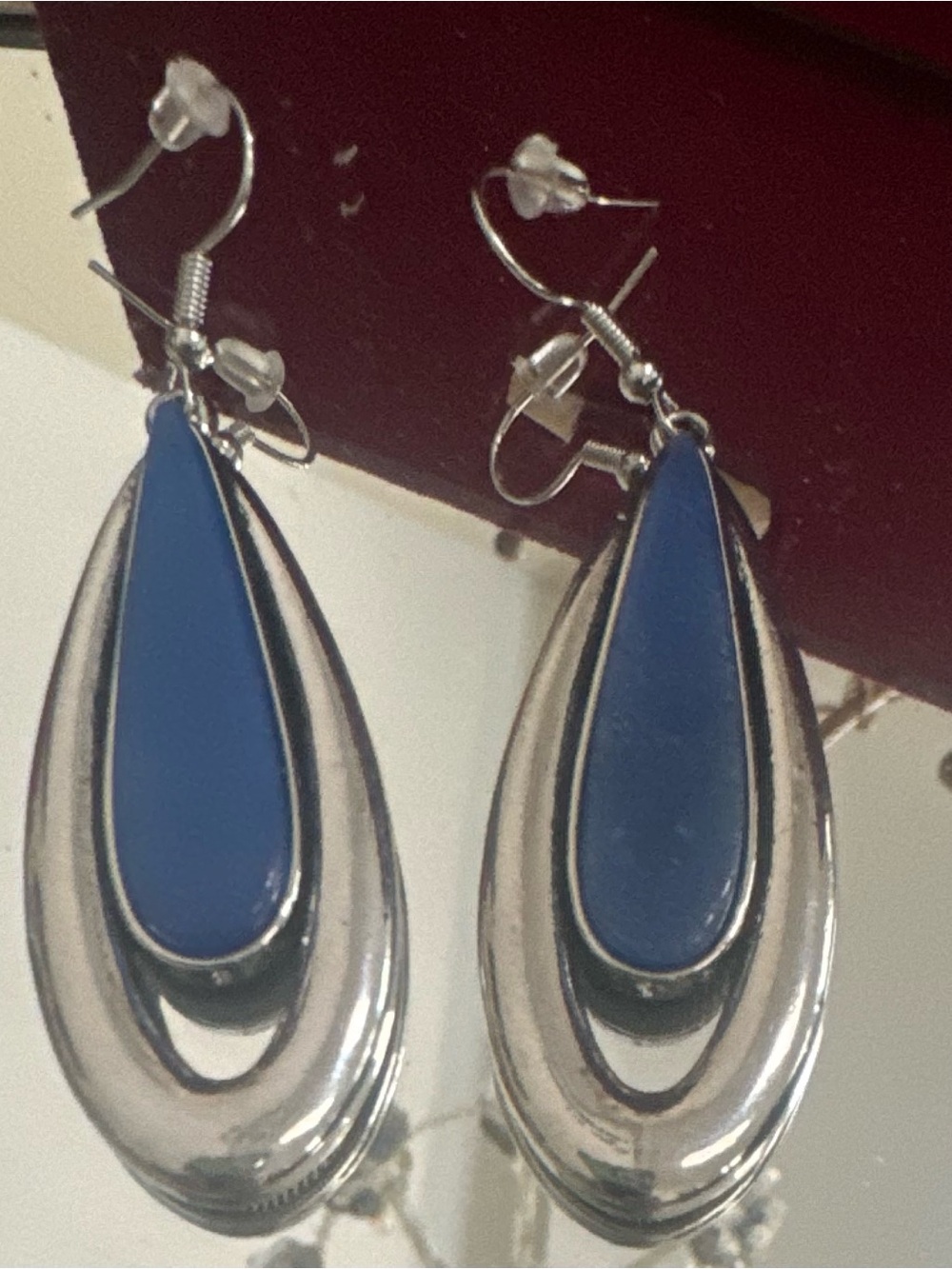 Blue Teardrop Dangle Earrings with Silver Tone